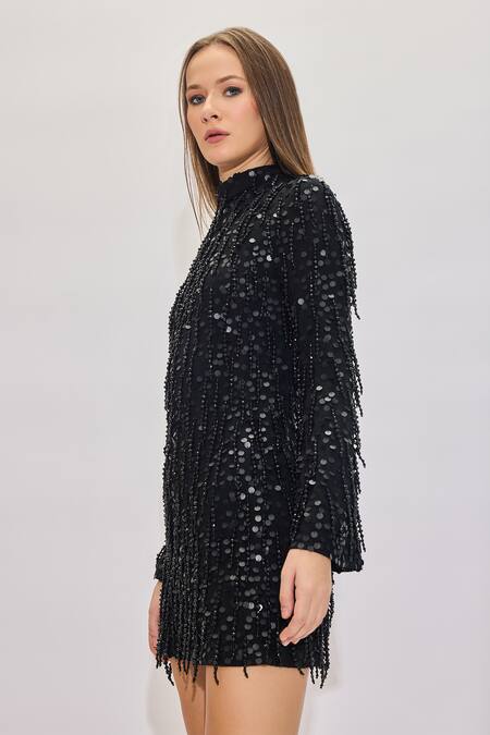 Shop House Of Eda Black Sequins High Neck Hand Embellished Fringe Dress Online at Aza Fashions Shop_House Of Eda_Black Sequins High Neck Hand Embellished Fringe Dress _Online_at_Aza_Fashions