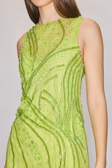 Buy_House Of Eda_Green Nylon, Polyester Sequins, Beads Round Hand Embellished Mini Shift Dress _Online_at_Aza_Fashions