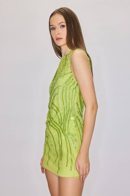 Shop_House Of Eda_Green Nylon, Polyester Sequins, Beads Round Hand Embellished Mini Shift Dress _Online_at_Aza_Fashions
