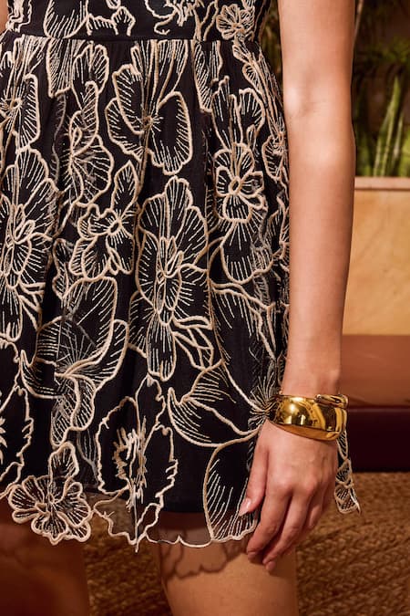 House Of Eda Black Nylon, Polyester Applique, Embroidery Collared Floral Mini Dress Online at Aza Fashions House Of Eda_Black Nylon, Polyester Applique, Embroidery Collared Floral Mini Dress _Online_at_Aza_Fashions