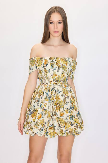House Of Eda_Multi Color 98and Cotton Print Floral Off Shoulder Corset Dress _Online_at_Aza_Fashions