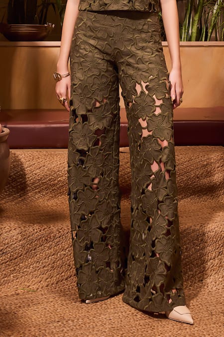 House Of Eda_Green 100% Linen Embroidery 3d Floral Boat Olive Top And Pant Set _Online_at_Aza_Fashions