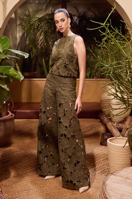 Shop_House Of Eda_Green 100% Linen Embroidery 3d Floral Boat Olive Top And Pant Set _Online_at_Aza_Fashions