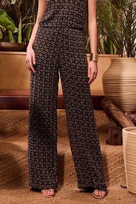 House Of Eda_Brown Silk, Polyester Buckles, Embroidery, Beads Geometric Print Top And Pant Set _Online_at_Aza_Fashions