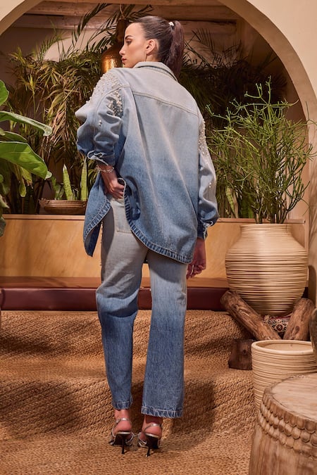 Shop House Of Eda Blue Cotton, Polyester Pearls, Crystals Ombre Embellished Shirt And Pant at Aza Fashions Shop_House Of Eda_Blue Cotton, Polyester Pearls, Crystals Ombre Embellished Shirt And Pant _at_Aza_Fashions