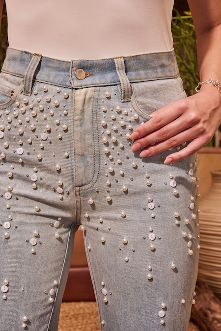 House Of Eda Blue Cotton, Polyester Pearls, Crystals Ombre Embellished Shirt And Pant Online at Aza Fashions House Of Eda_Blue Cotton, Polyester Pearls, Crystals Ombre Embellished Shirt And Pant _Online_at_Aza_Fashions