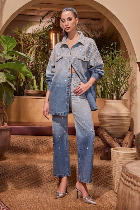 Buy House Of Eda Blue Cotton, Polyester Pearls, Crystals Ombre Embellished Shirt And Pant Online at Aza Fashions Buy_House Of Eda_Blue Cotton, Polyester Pearls, Crystals Ombre Embellished Shirt And Pant _Online_at_Aza_Fashions