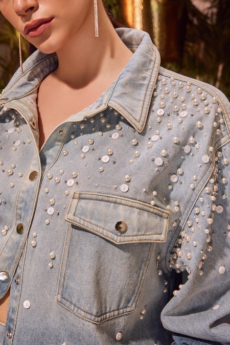 Shop House Of Eda Blue Cotton, Polyester Pearls, Crystals Ombre Embellished Shirt And Pant Online at Aza Fashions Shop_House Of Eda_Blue Cotton, Polyester Pearls, Crystals Ombre Embellished Shirt And Pant _Online_at_Aza_Fashions