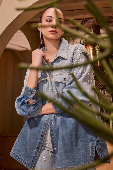 House Of Eda Blue Cotton, Polyester Pearls, Crystals Ombre Embellished Shirt And Pant at Aza Fashions House Of Eda_Blue Cotton, Polyester Pearls, Crystals Ombre Embellished Shirt And Pant _at_Aza_Fashions