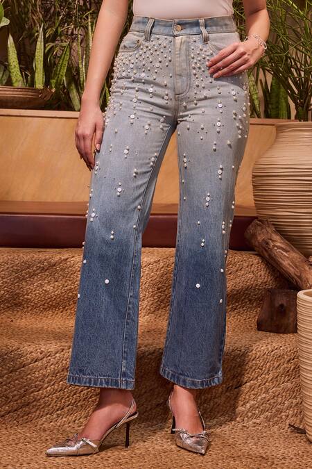 Buy House Of Eda Blue Cotton, Polyester Pearls, Crystals Ombre Embellished Shirt And Pant Buy_House Of Eda_Blue Cotton, Polyester Pearls, Crystals Ombre Embellished Shirt And Pant