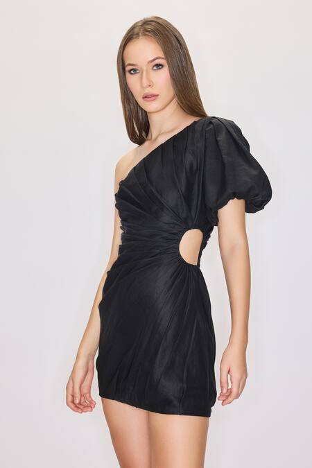 Buy House Of Eda Black 64% Linen Plain One Shoulder Mini Dress Online at Aza Fashions Buy_House Of Eda_Black 64% Linen Plain One Shoulder Mini Dress _Online_at_Aza_Fashions