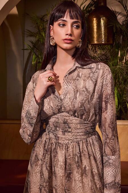 Buy_House Of Eda_Gray 100% Viscose Collar Grey Snake Skin Pattern Shirt Dress _Online_at_Aza_Fashions