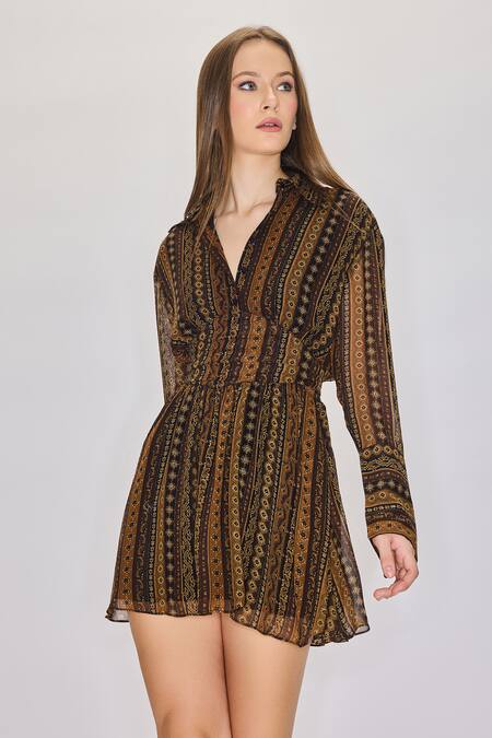 House Of Eda Brown 100% Viscose Print Geometric Collar Shirt Dress Online at Aza Fashions House Of Eda_Brown 100% Viscose Print Geometric Collar Shirt Dress _Online_at_Aza_Fashions