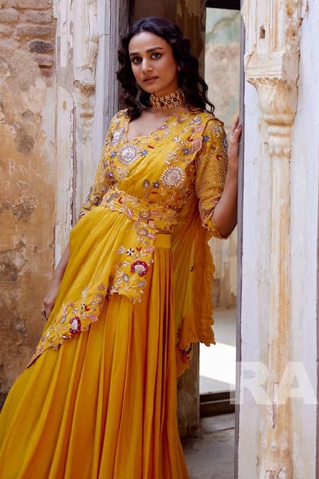 Shop Khushboo Bagri Yellow Organza, Satin, Chiffon, Zari, Floral Zardozi Lehenga Set at Aza Fashions Shop_Khushboo Bagri_Yellow Organza, Satin, Chiffon, Zari, Floral Zardozi Lehenga Set _at_Aza_Fashions