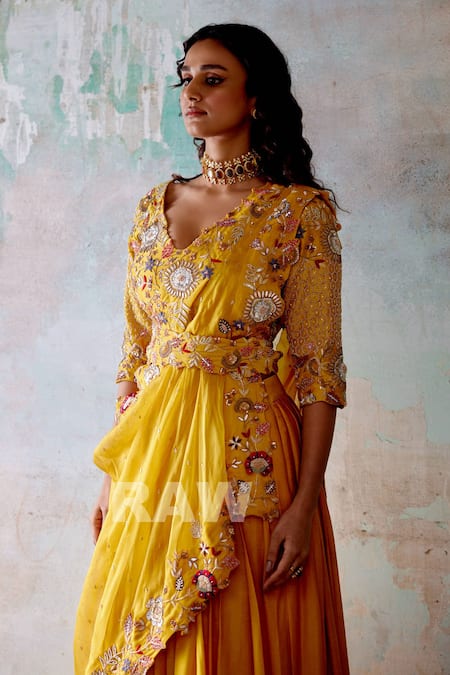 Khushboo Bagri Yellow Organza, Satin, Chiffon, Zari, Floral Zardozi Lehenga Set Online at Aza Fashions Khushboo Bagri_Yellow Organza, Satin, Chiffon, Zari, Floral Zardozi Lehenga Set _Online_at_Aza_Fashions