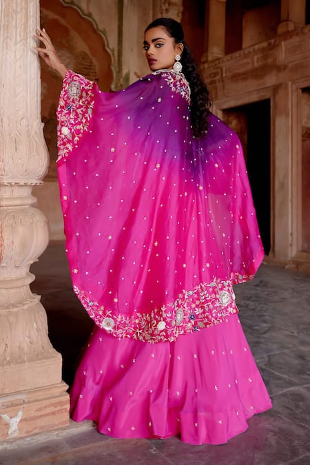 Shop Khushboo Bagri Fuchsia Silk Organza, Crepe, Linen Sequins, Floral Zardosi Cape Lehenga Set at Aza Fashions Shop_Khushboo Bagri_Fuchsia Silk Organza, Crepe, Linen Sequins, Floral Zardosi Cape Lehenga Set _at_Aza_Fashions
