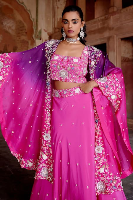 Khushboo Bagri Fuchsia Silk Organza, Crepe, Linen Sequins, Floral Zardosi Cape Lehenga Set Online at Aza Fashions Khushboo Bagri_Fuchsia Silk Organza, Crepe, Linen Sequins, Floral Zardosi Cape Lehenga Set _Online_at_Aza_Fashions