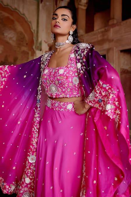 Buy Khushboo Bagri Fuchsia Silk Organza, Crepe, Linen Sequins, Floral Zardosi Cape Lehenga Set Online at Aza Fashions Buy_Khushboo Bagri_Fuchsia Silk Organza, Crepe, Linen Sequins, Floral Zardosi Cape Lehenga Set _Online_at_Aza_Fashions