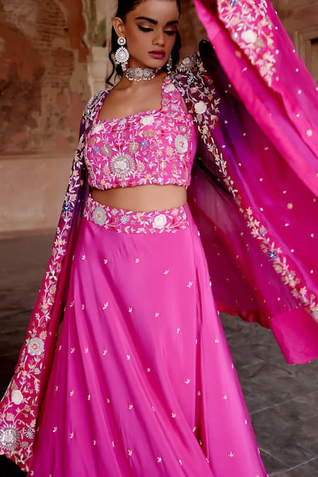 Shop Khushboo Bagri Fuchsia Silk Organza, Crepe, Linen Sequins, Floral Zardosi Cape Lehenga Set Online at Aza Fashions Shop_Khushboo Bagri_Fuchsia Silk Organza, Crepe, Linen Sequins, Floral Zardosi Cape Lehenga Set _Online_at_Aza_Fashions