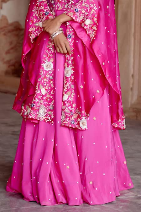 Khushboo Bagri Fuchsia Silk Organza, Crepe, Linen Sequins, Floral Zardosi Cape Lehenga Set at Aza Fashions Khushboo Bagri_Fuchsia Silk Organza, Crepe, Linen Sequins, Floral Zardosi Cape Lehenga Set _at_Aza_Fashions