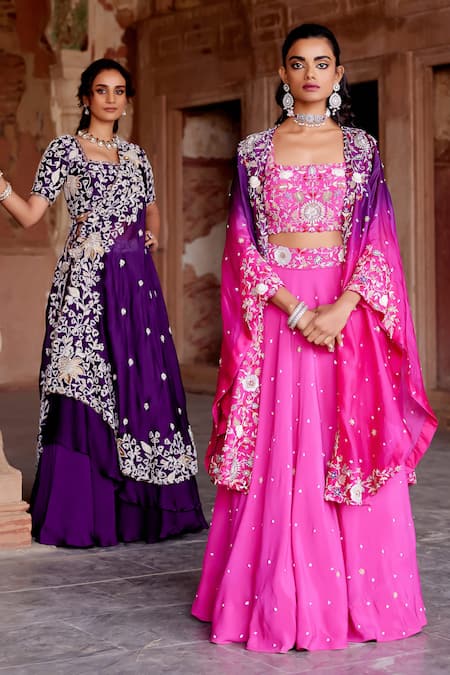 Buy Khushboo Bagri Fuchsia Silk Organza, Crepe, Linen Sequins, Floral Zardosi Cape Lehenga Set Buy_Khushboo Bagri_Fuchsia Silk Organza, Crepe, Linen Sequins, Floral Zardosi Cape Lehenga Set