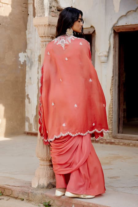 Shop Khushboo Bagri Peach Chanderi, Silk Organza Floral Zardosi Embroidered Cape And Skirt Set at Aza Fashions Shop_Khushboo Bagri_Peach Chanderi, Silk Organza Floral Zardosi Embroidered Cape And Skirt Set _at_Aza_Fashions