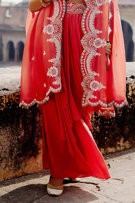 Khushboo Bagri Peach Chanderi, Silk Organza Floral Zardosi Embroidered Cape And Skirt Set Online at Aza Fashions Khushboo Bagri_Peach Chanderi, Silk Organza Floral Zardosi Embroidered Cape And Skirt Set _Online_at_Aza_Fashions