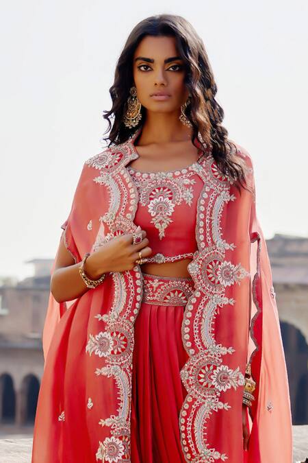 Buy Khushboo Bagri Peach Chanderi, Silk Organza Floral Zardosi Embroidered Cape And Skirt Set Online at Aza Fashions Buy_Khushboo Bagri_Peach Chanderi, Silk Organza Floral Zardosi Embroidered Cape And Skirt Set _Online_at_Aza_Fashions