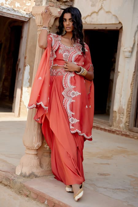 Shop Khushboo Bagri Peach Chanderi, Silk Organza Floral Zardosi Embroidered Cape And Skirt Set Online at Aza Fashions Shop_Khushboo Bagri_Peach Chanderi, Silk Organza Floral Zardosi Embroidered Cape And Skirt Set _Online_at_Aza_Fashions