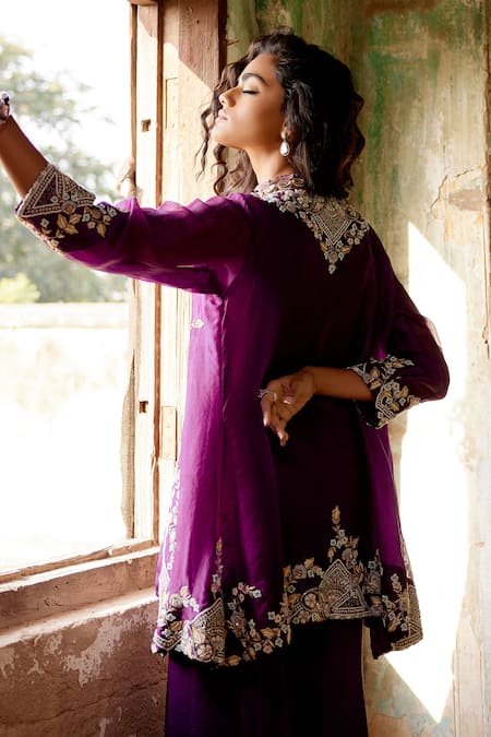 Shop Khushboo Bagri Purple Satin, Silk Organza Pearls, Zardozi Embroidered Cape And Sharara Set at Aza Fashions Shop_Khushboo Bagri_Purple Satin, Silk Organza Pearls, Zardozi Embroidered Cape And Sharara Set _at_Aza_Fashions