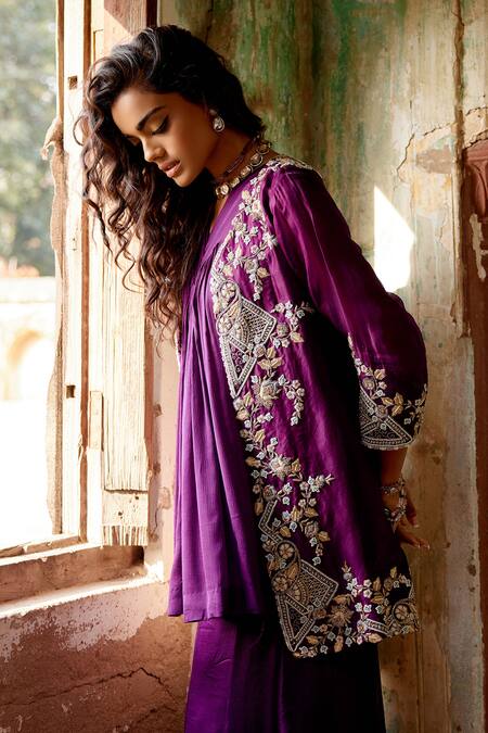 Khushboo Bagri Purple Satin, Silk Organza Pearls, Zardozi Embroidered Cape And Sharara Set Online at Aza Fashions Khushboo Bagri_Purple Satin, Silk Organza Pearls, Zardozi Embroidered Cape And Sharara Set _Online_at_Aza_Fashions