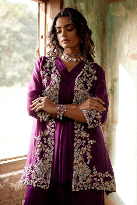 Buy Khushboo Bagri Purple Satin, Silk Organza Pearls, Zardozi Embroidered Cape And Sharara Set Online at Aza Fashions Buy_Khushboo Bagri_Purple Satin, Silk Organza Pearls, Zardozi Embroidered Cape And Sharara Set _Online_at_Aza_Fashions