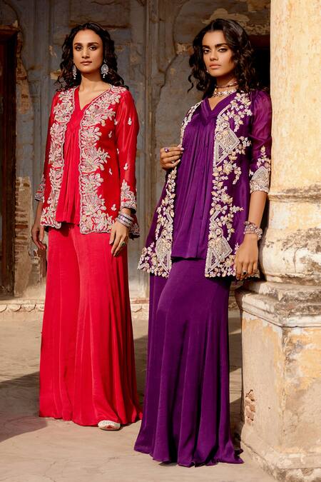 Shop Khushboo Bagri Purple Satin, Silk Organza Pearls, Zardozi Embroidered Cape And Sharara Set Online at Aza Fashions Shop_Khushboo Bagri_Purple Satin, Silk Organza Pearls, Zardozi Embroidered Cape And Sharara Set _Online_at_Aza_Fashions