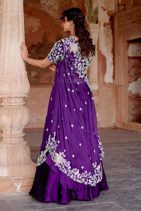 Shop Khushboo Bagri Purple Satin, Organza, Pearls, Zardozi Asymmetric Lehenga Set at Aza Fashions Shop_Khushboo Bagri_Purple Satin, Organza, Pearls, Zardozi Asymmetric Lehenga Set _at_Aza_Fashions