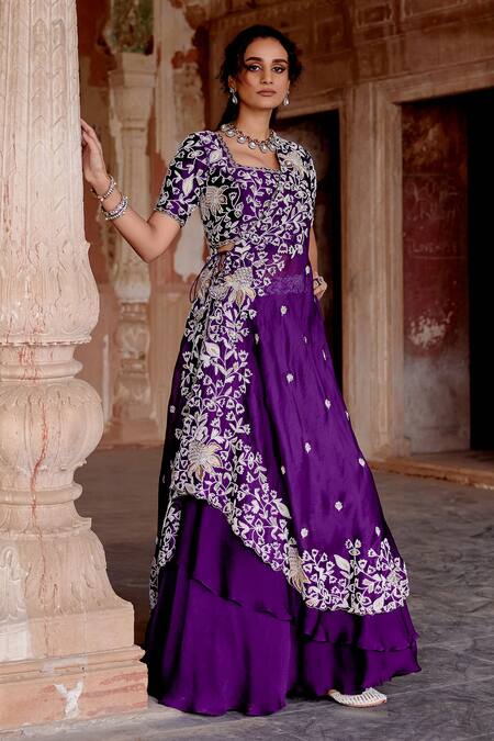 Khushboo Bagri Purple Satin, Organza, Pearls, Zardozi Asymmetric Lehenga Set Online at Aza Fashions Khushboo Bagri_Purple Satin, Organza, Pearls, Zardozi Asymmetric Lehenga Set _Online_at_Aza_Fashions