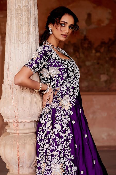 Buy Khushboo Bagri Purple Satin, Organza, Pearls, Zardozi Asymmetric Lehenga Set Online at Aza Fashions Buy_Khushboo Bagri_Purple Satin, Organza, Pearls, Zardozi Asymmetric Lehenga Set _Online_at_Aza_Fashions