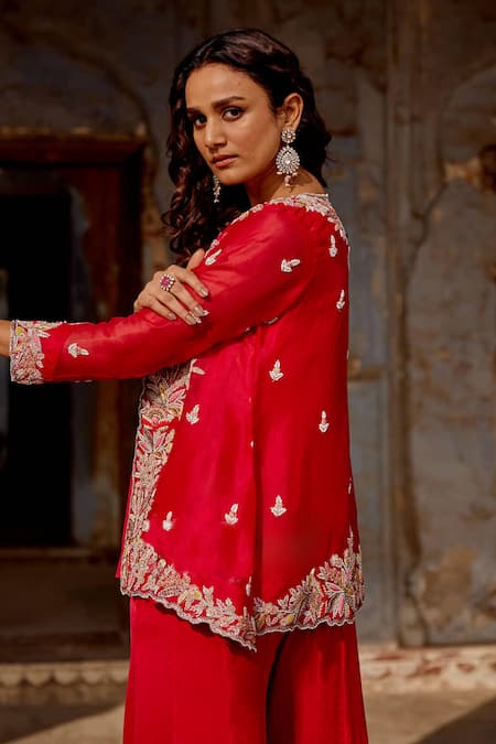 Shop Khushboo Bagri Red Satin, Silk Organza, Chiffon Sequins, Pearls, Zardozi Embroidered Kurta Set at Aza Fashions Shop_Khushboo Bagri_Red Satin, Silk Organza, Chiffon Sequins, Pearls, Zardozi Embroidered Kurta Set _at_Aza_Fashions