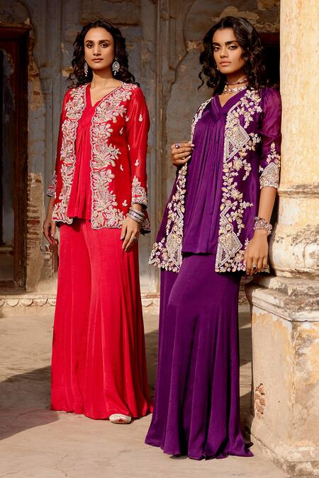 Khushboo Bagri Red Satin, Silk Organza, Chiffon Sequins, Pearls, Zardozi Embroidered Kurta Set Online at Aza Fashions Khushboo Bagri_Red Satin, Silk Organza, Chiffon Sequins, Pearls, Zardozi Embroidered Kurta Set _Online_at_Aza_Fashions