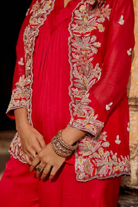 Buy Khushboo Bagri Red Satin, Silk Organza, Chiffon Sequins, Pearls, Zardozi Embroidered Kurta Set Online at Aza Fashions Buy_Khushboo Bagri_Red Satin, Silk Organza, Chiffon Sequins, Pearls, Zardozi Embroidered Kurta Set _Online_at_Aza_Fashions