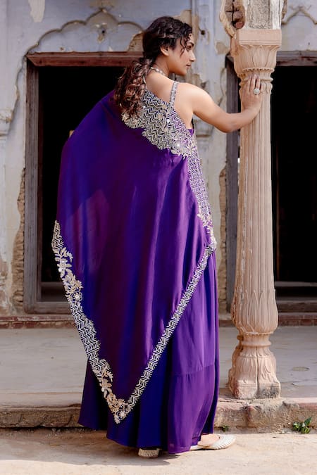Shop Khushboo Bagri Purple Silk, Crepe, Taffeta, Bamboo Embroidery One Zardozi Asymmetric Tunic Set at Aza Fashions Shop_Khushboo Bagri_Purple Silk, Crepe, Taffeta, Bamboo Embroidery One Zardozi Asymmetric Tunic Set _at_Aza_Fashions