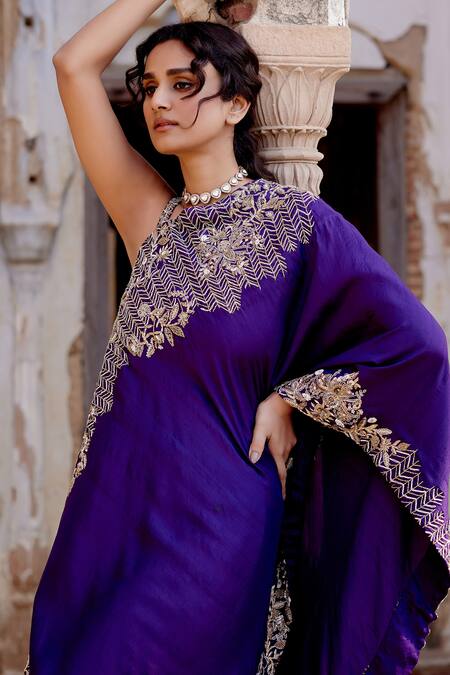 Khushboo Bagri Purple Silk, Crepe, Taffeta, Bamboo Embroidery One Zardozi Asymmetric Tunic Set Online at Aza Fashions Khushboo Bagri_Purple Silk, Crepe, Taffeta, Bamboo Embroidery One Zardozi Asymmetric Tunic Set _Online_at_Aza_Fashions