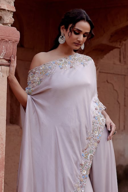 Khushboo Bagri_Gray Silk, Crepe Sequins, Zari One Shoulder Floral Embroidered Tunic And Pant _Online_at_Aza_Fashions