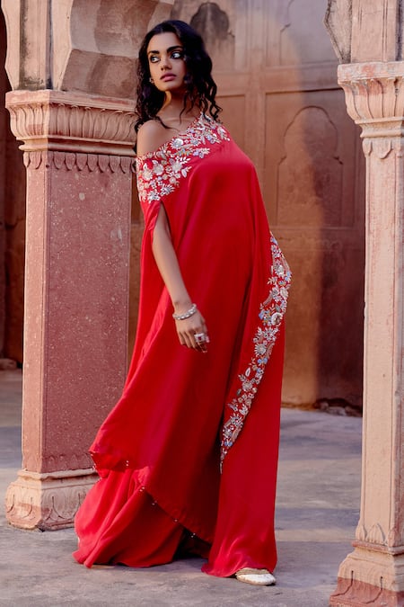 Shop Khushboo Bagri Red Silk, Crepe, Taffeta, Bamboo Embroidery, Zardozi Asymmetric Tunic And Pant at Aza Fashions Shop_Khushboo Bagri_Red Silk, Crepe, Taffeta, Bamboo Embroidery, Zardozi Asymmetric Tunic And Pant _at_Aza_Fashions