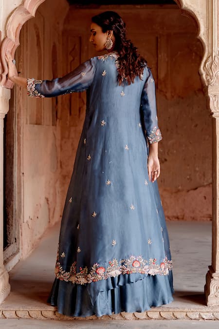 Shop Khushboo Bagri Blue Satin, Organza, Chiffon, Embroidery, Floral Zardozi Anarkali Set at Aza Fashions Shop_Khushboo Bagri_Blue Satin, Organza, Chiffon, Embroidery, Floral Zardozi Anarkali Set _at_Aza_Fashions