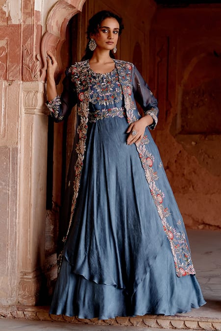Khushboo Bagri Blue Satin, Organza, Chiffon, Embroidery, Floral Zardozi Anarkali Set Online at Aza Fashions Khushboo Bagri_Blue Satin, Organza, Chiffon, Embroidery, Floral Zardozi Anarkali Set _Online_at_Aza_Fashions