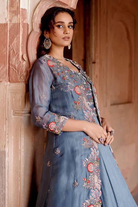 Buy Khushboo Bagri Blue Satin, Organza, Chiffon, Embroidery, Floral Zardozi Anarkali Set Online at Aza Fashions Buy_Khushboo Bagri_Blue Satin, Organza, Chiffon, Embroidery, Floral Zardozi Anarkali Set _Online_at_Aza_Fashions