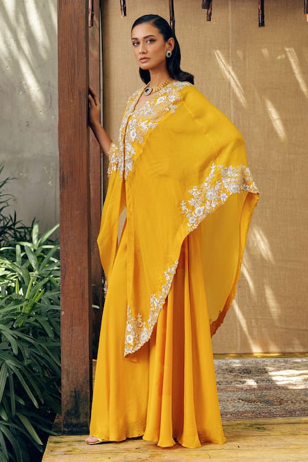 Shop Khushboo Bagri Yellow Crepe Floral Zardozi Embroidered Cape Set at Aza Fashions Shop_Khushboo Bagri_Yellow Crepe Floral Zardozi Embroidered Cape Set _at_Aza_Fashions