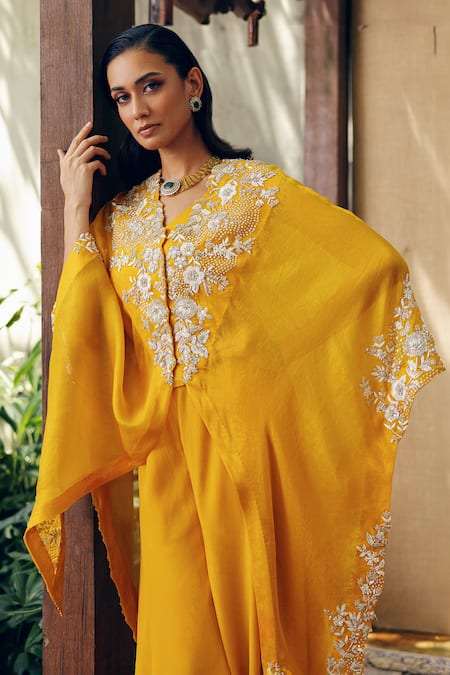 Khushboo Bagri Yellow Crepe Floral Zardozi Embroidered Cape Set Online at Aza Fashions Khushboo Bagri_Yellow Crepe Floral Zardozi Embroidered Cape Set _Online_at_Aza_Fashions