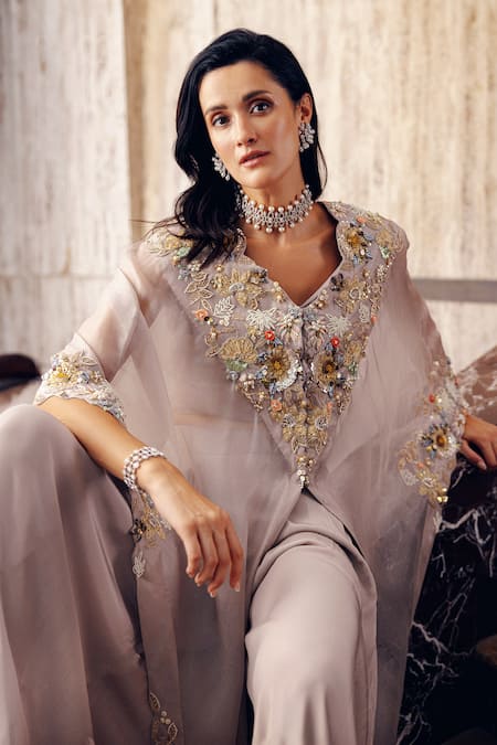 Khushboo Bagri Pearl Embroidered Kaftan Cape & Flared Pant 