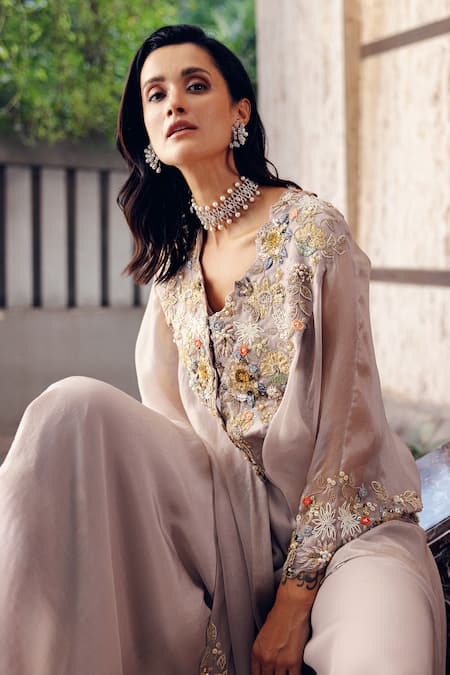 Khushboo Bagri_Gray Crepe Pearl Embroidered Kaftan Cape And Flared Pant _Online_at_Aza_Fashions